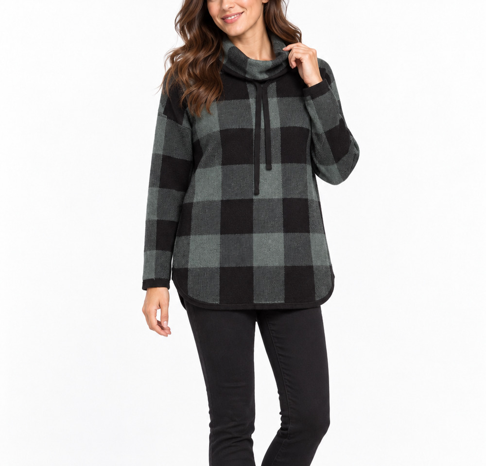 Adrienne Vittadini S Buffalo Plaid Funnel Neck Tunic Sweater Green Black